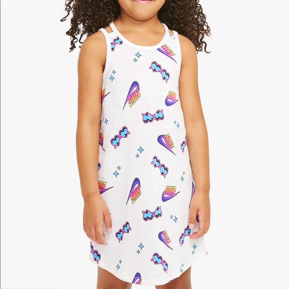 0269 NWT Nike Girls Tank Dress A-Line White Pink Blue Logo Print Sz 4